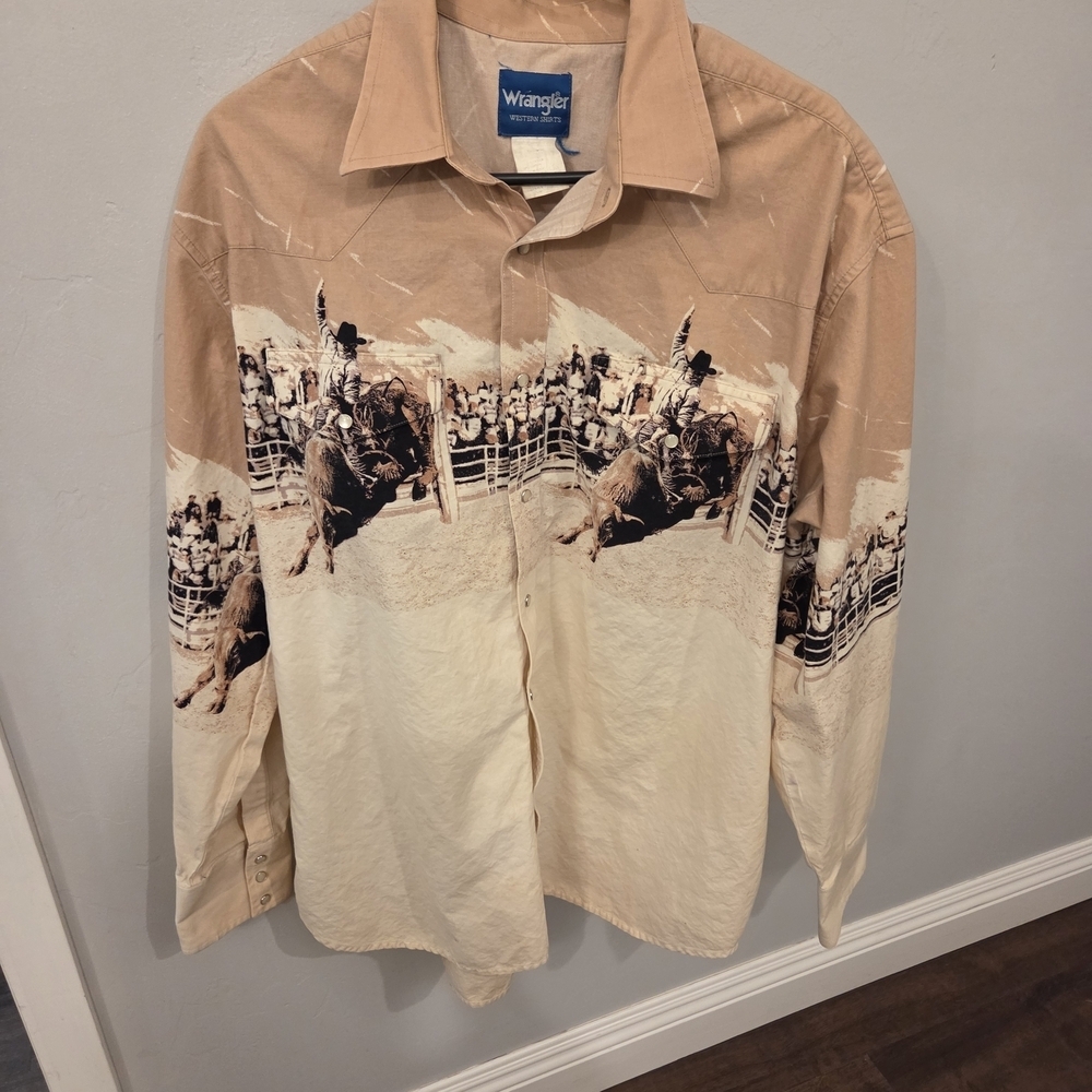 Vintage Wrangler Rodeo Cowboy Print Western Snap Shirt sz XL